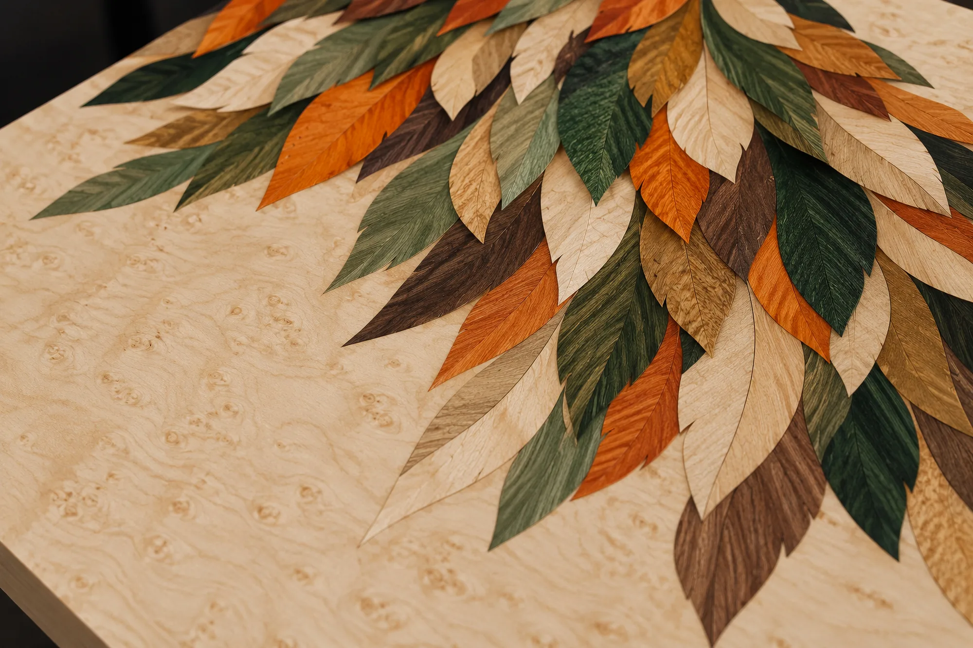 Overlapping green, orange and natural veneer leaves in marquetry on a birdseye maple surface