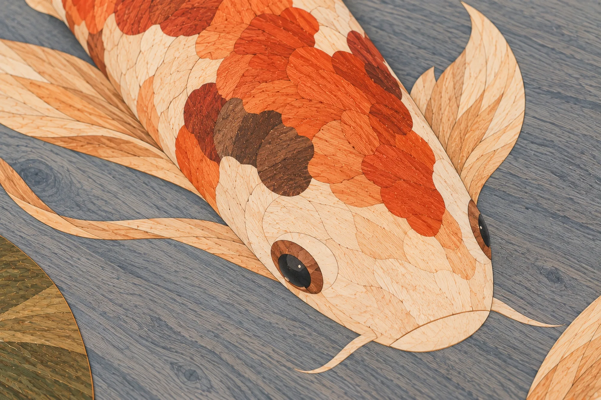 Close-up of a koi carp in marquetry, orange, cream and brown veneer scales flush-inlaid in blue-grey wood