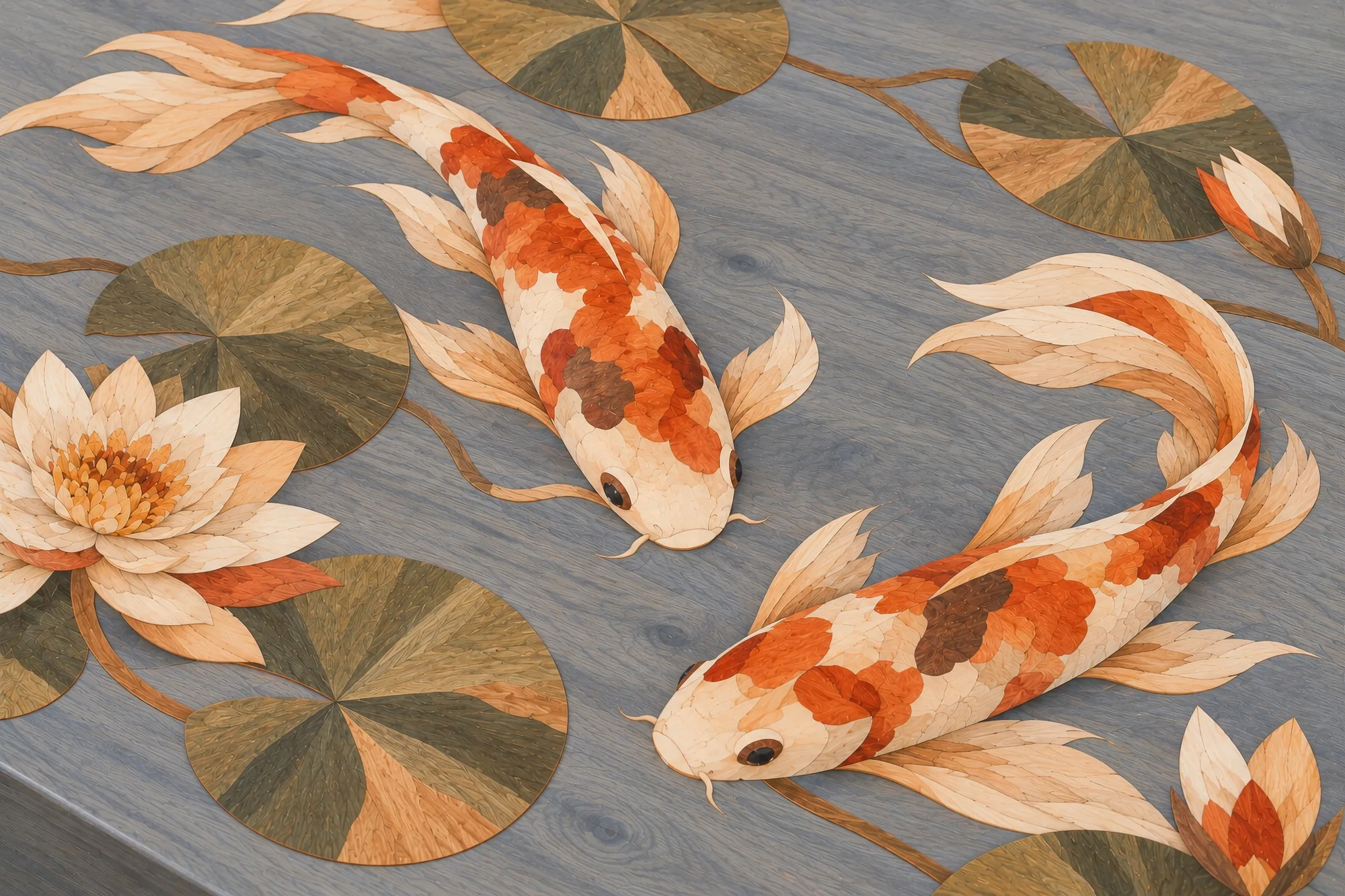 Two koi carp among water lilies in marquetry on a blue-grey veneer ground
