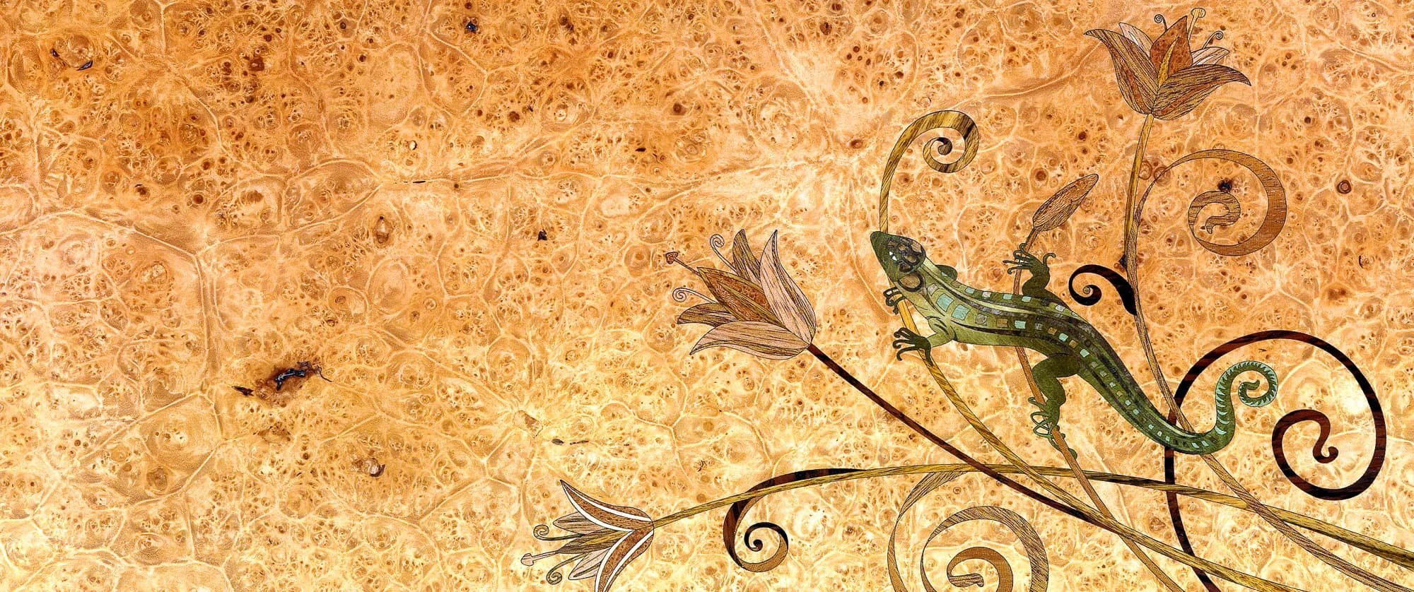 Bespoke marquetry panel in wood veneer and mother of pearl