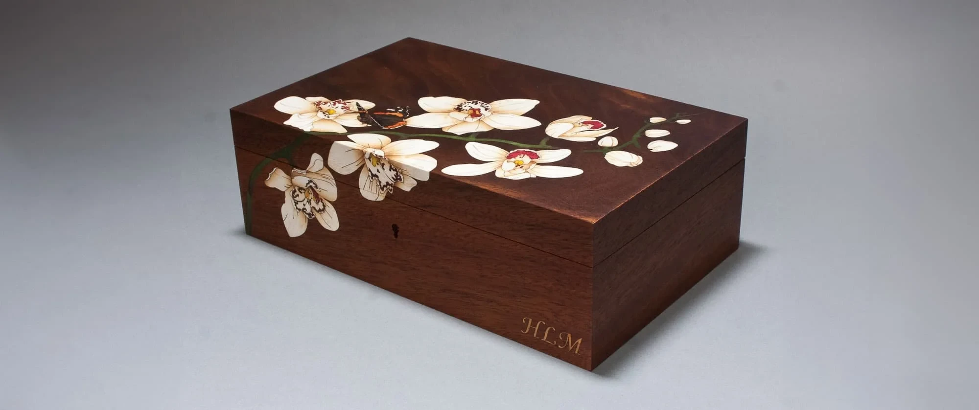 Bespoke marquetry panel in wood veneer and mother of pearl