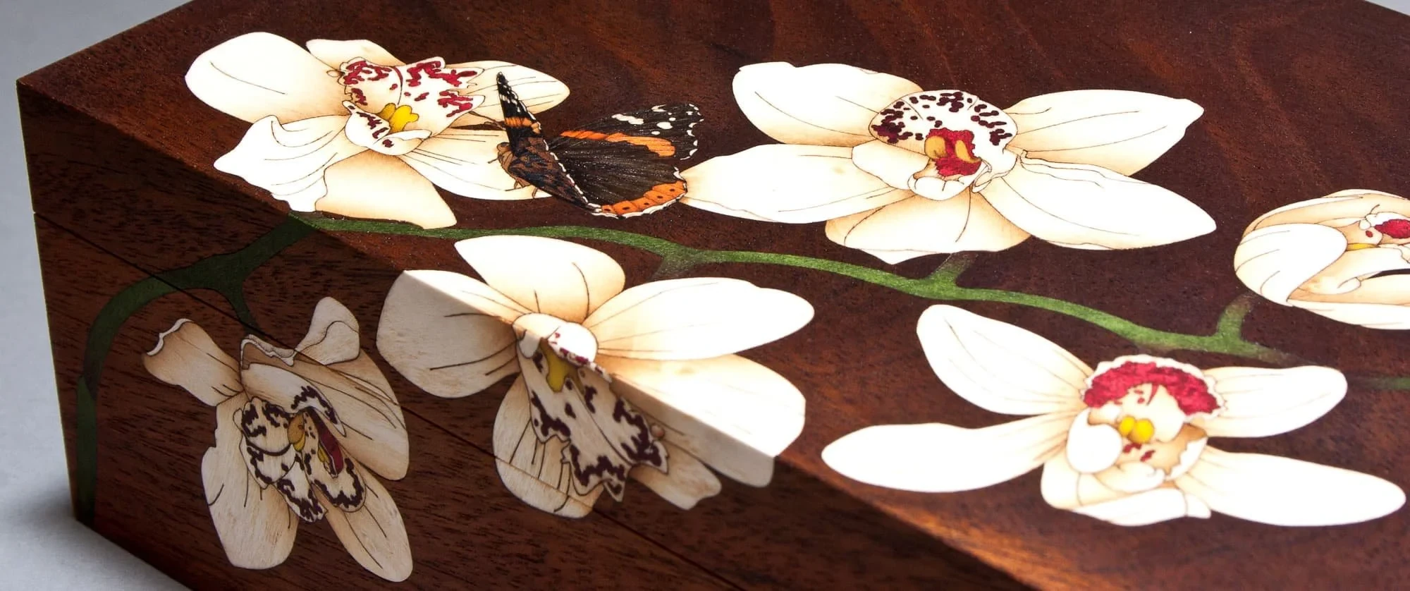 Bespoke marquetry panel in wood veneer and mother of pearl