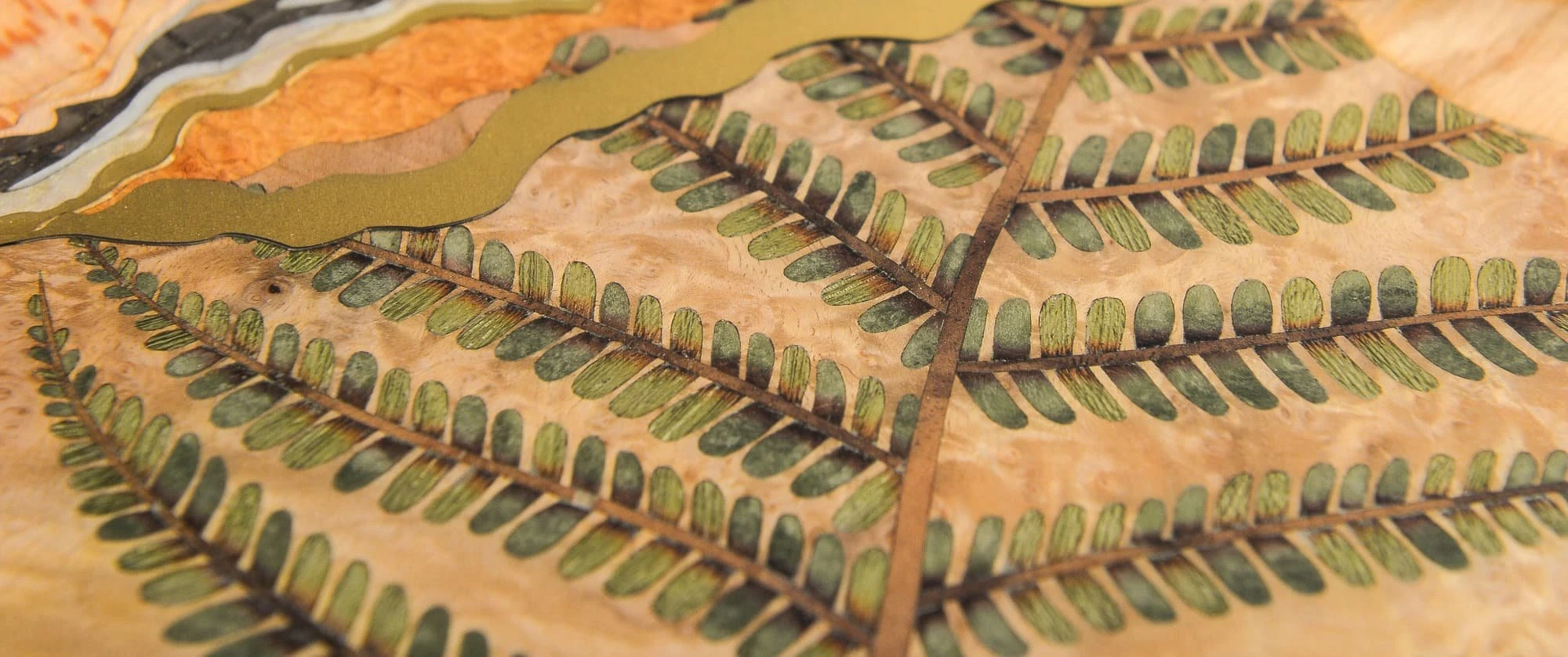 Bespoke marquetry panel in wood veneer and mother of pearl