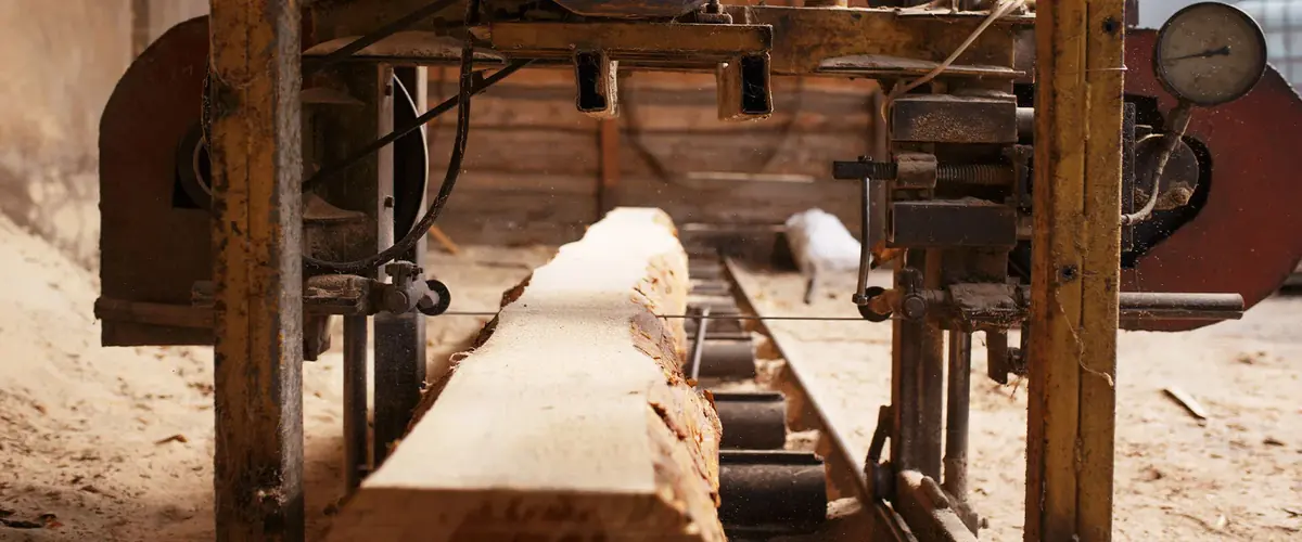 Timber plank fed through a large band saw mill with sawdust in the air