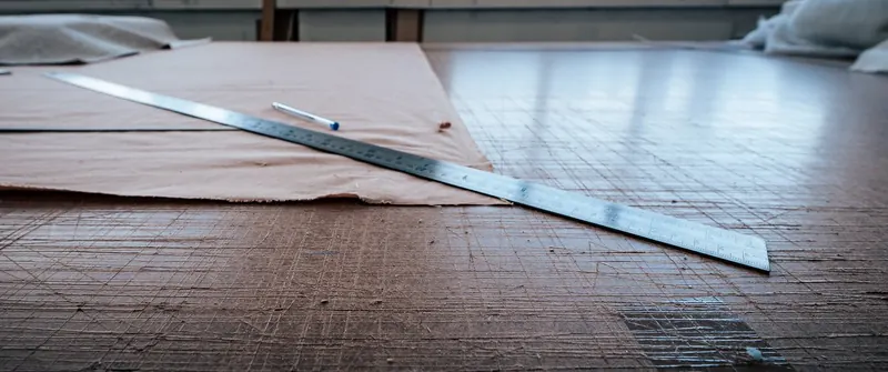 Steel rule across pale fabric on a timber cutting table, measuring and cutting in an upholstery workshop