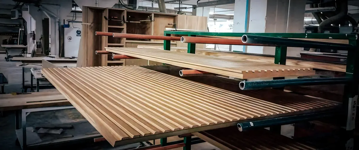 Fluted timber panels resting on green steel workshop racks between production stages