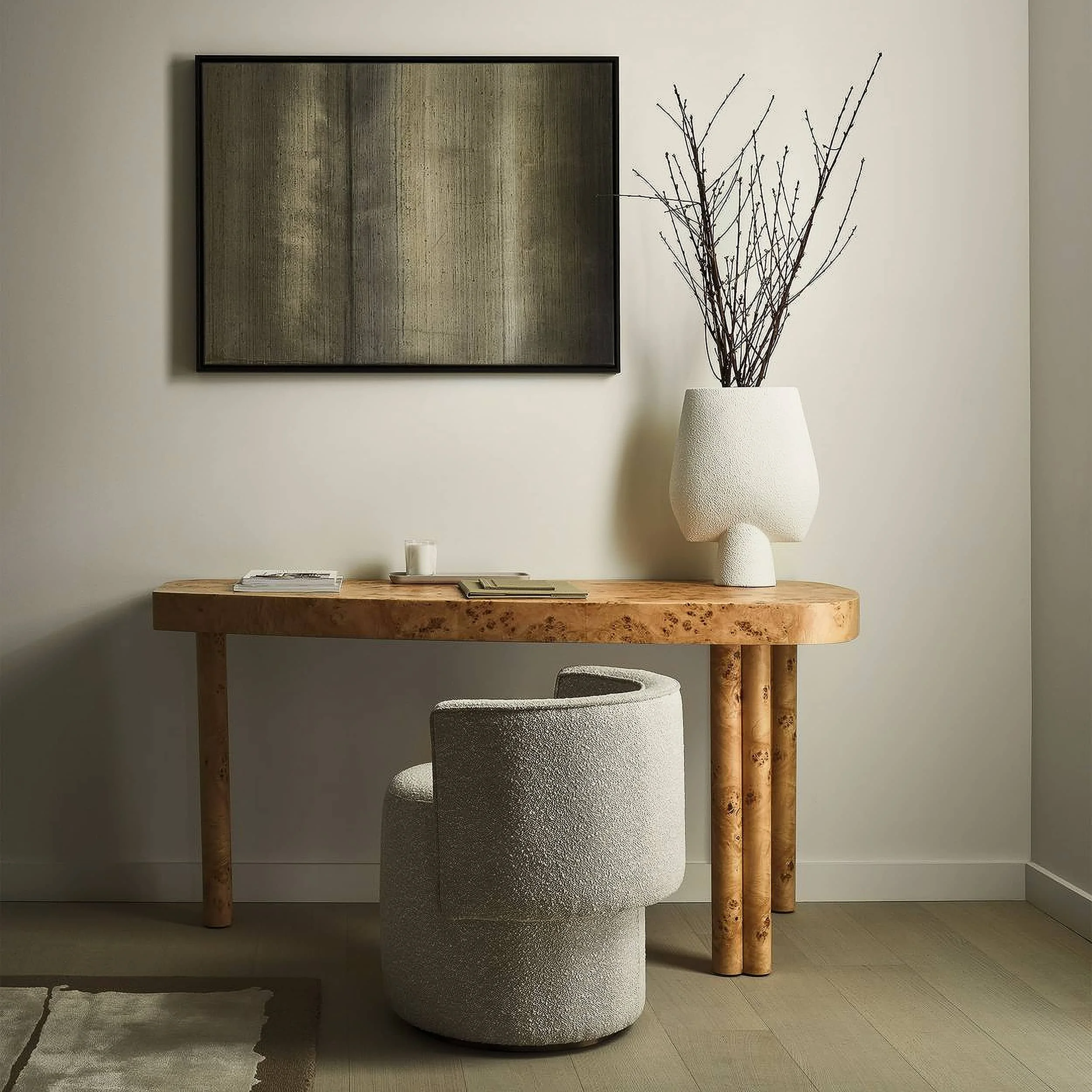 Cream bouclé chair beside a burr wood console under a framed artwork, Mandarin Oriental Residences Beverly Hills
