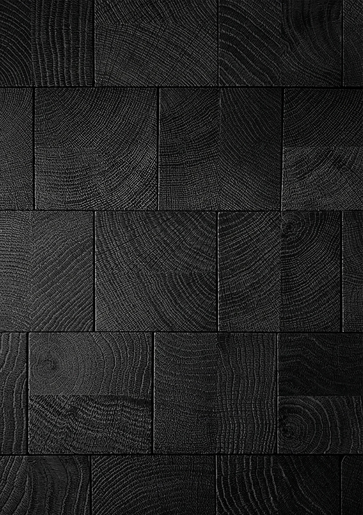 Cube black end-grain oak blocks in an even grid, charred and deeply textured