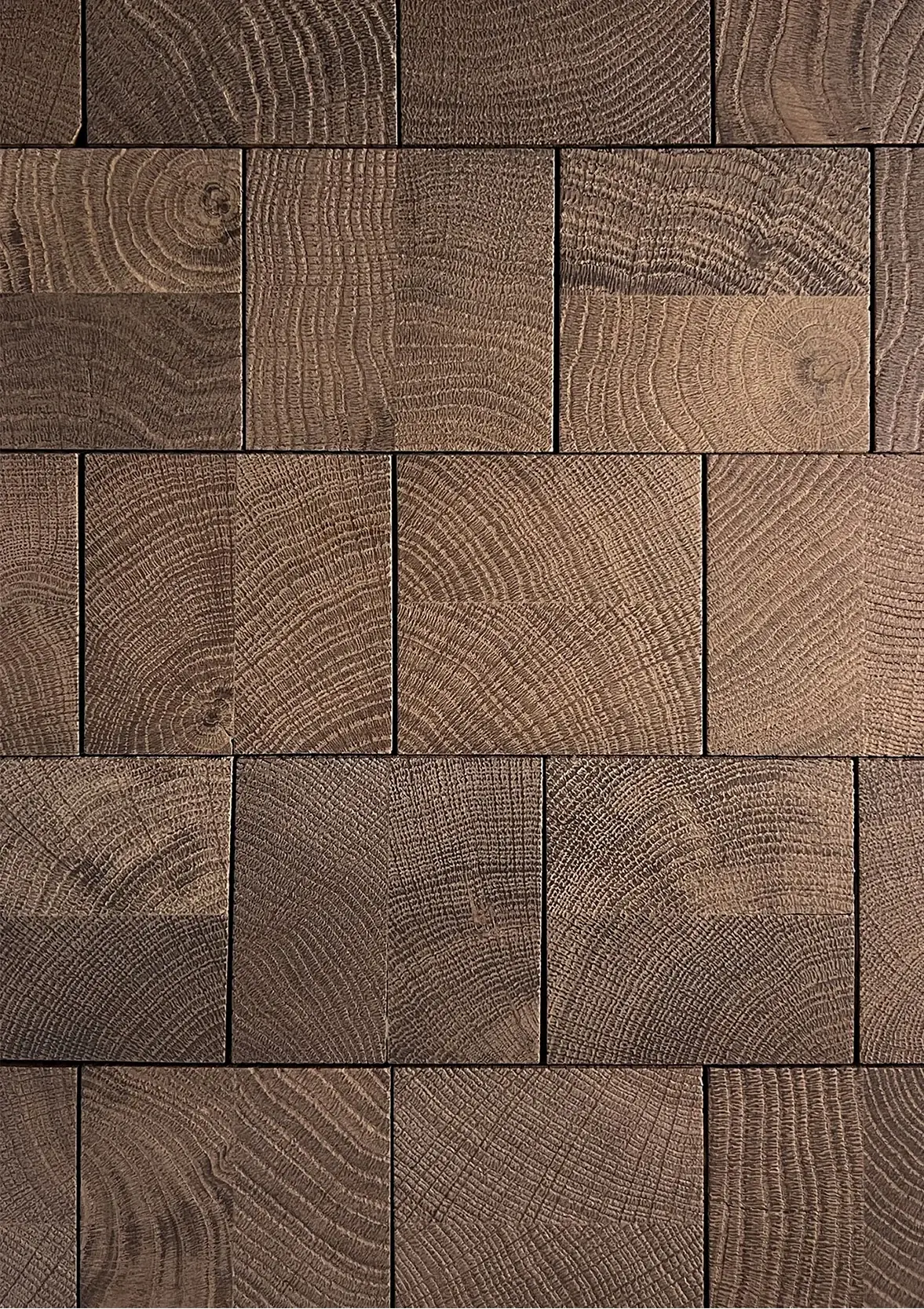 Cube smoked end-grain oak blocks in an even grid, deep brown