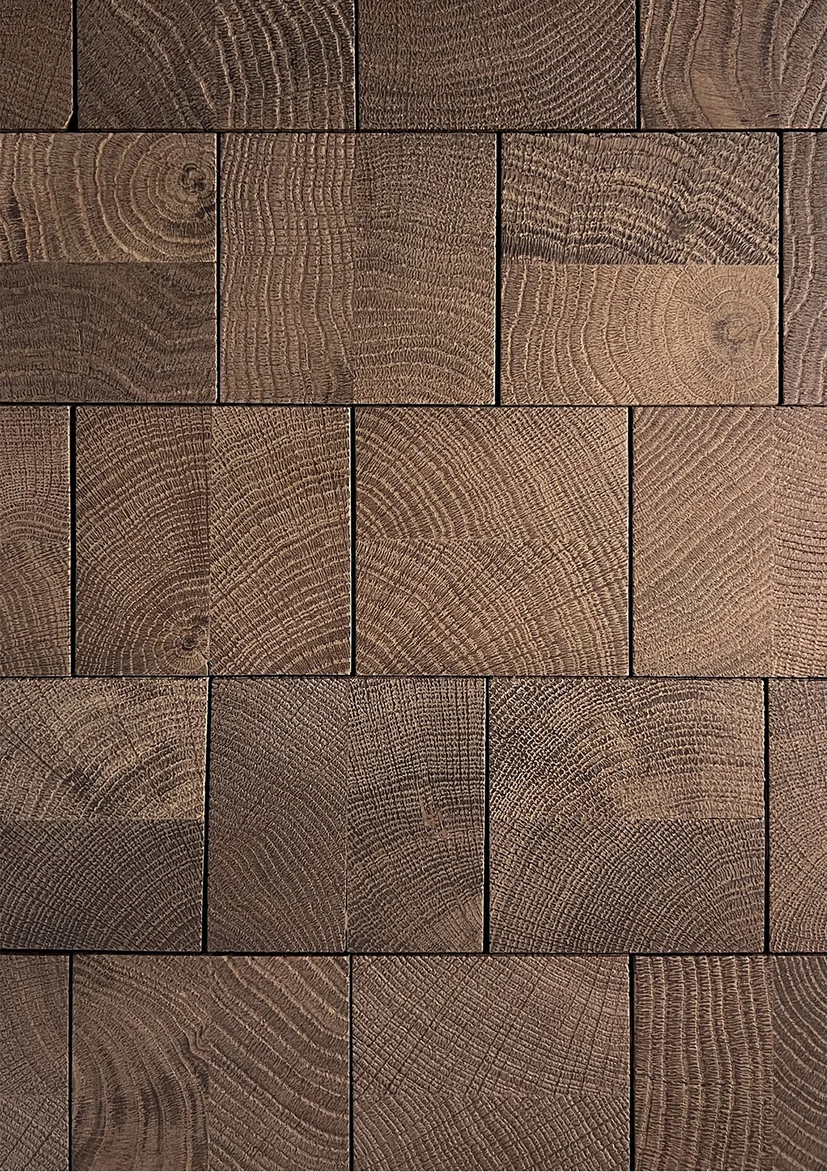 Cube smoked end-grain oak blocks in an even grid, deep brown