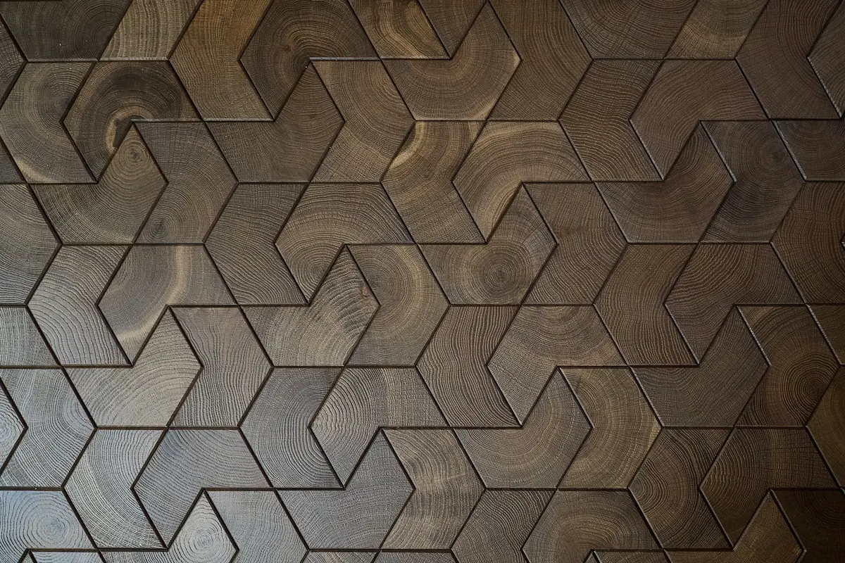 Élément smoked end-grain oak chevron surface in deep brown tones