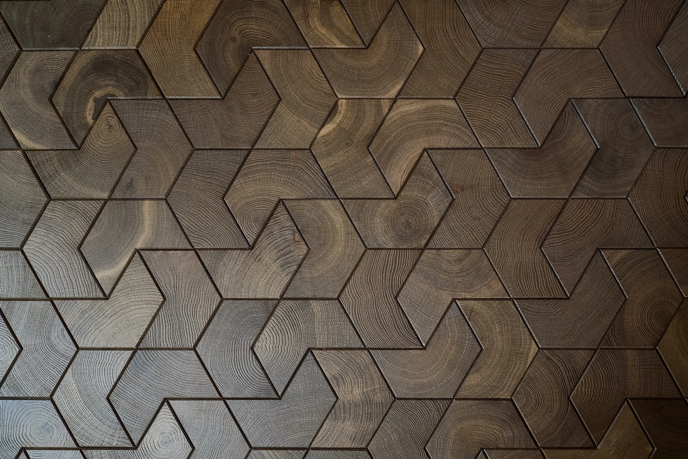 Élément smoked end-grain oak chevron surface in deep brown tones