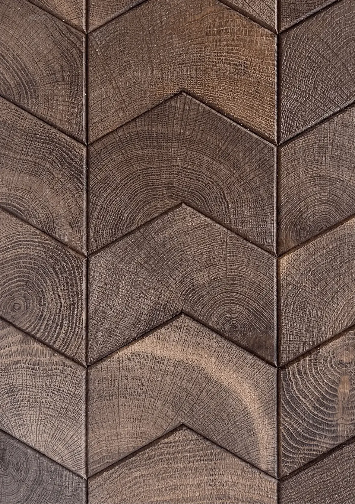 Élément smoked end-grain oak chevron surface in deep brown tones