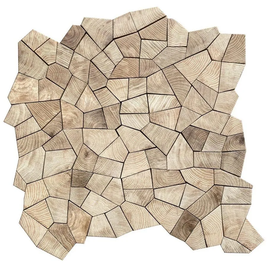 A single pre-assembled Opus end-grain oak tile of irregular interlocking blocks, shown on white