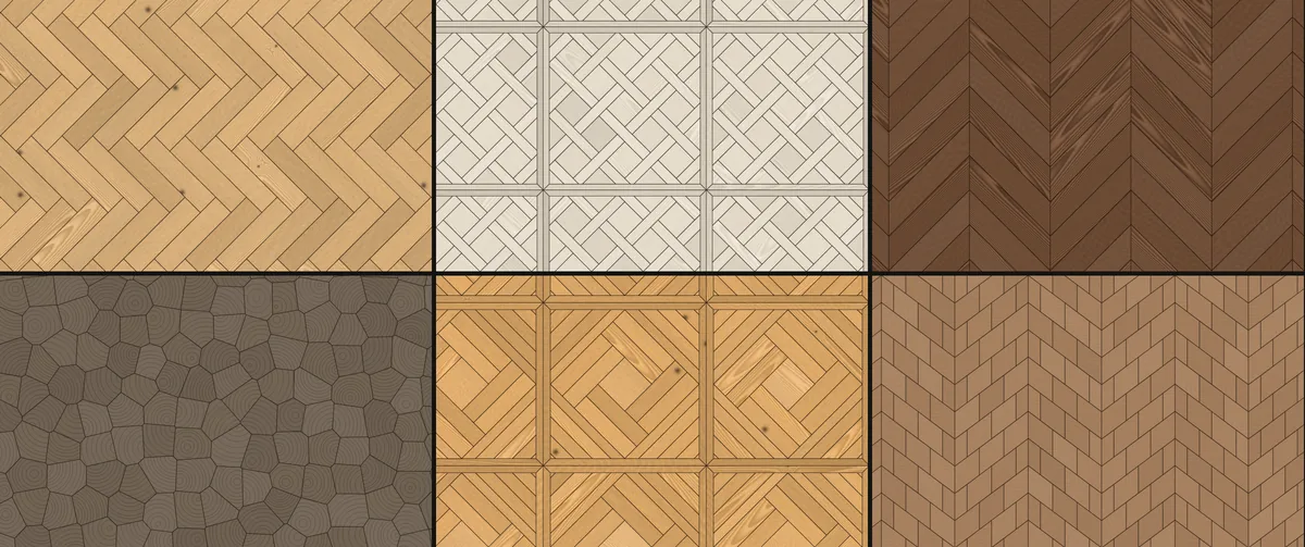 Six timber floor patterns: herringbone in oak, a Versailles panel in pale ash, chevron in walnut, an Opus mosaic in smoked oak, a Soubise panel in honey oak and Forêt Arrow in warm brown