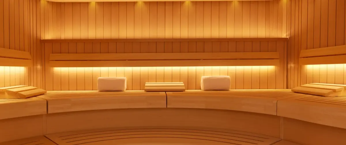 Sauna with curved timber benches, vertical panelling and warm concealed lighting, hotel spa and wellness joinery