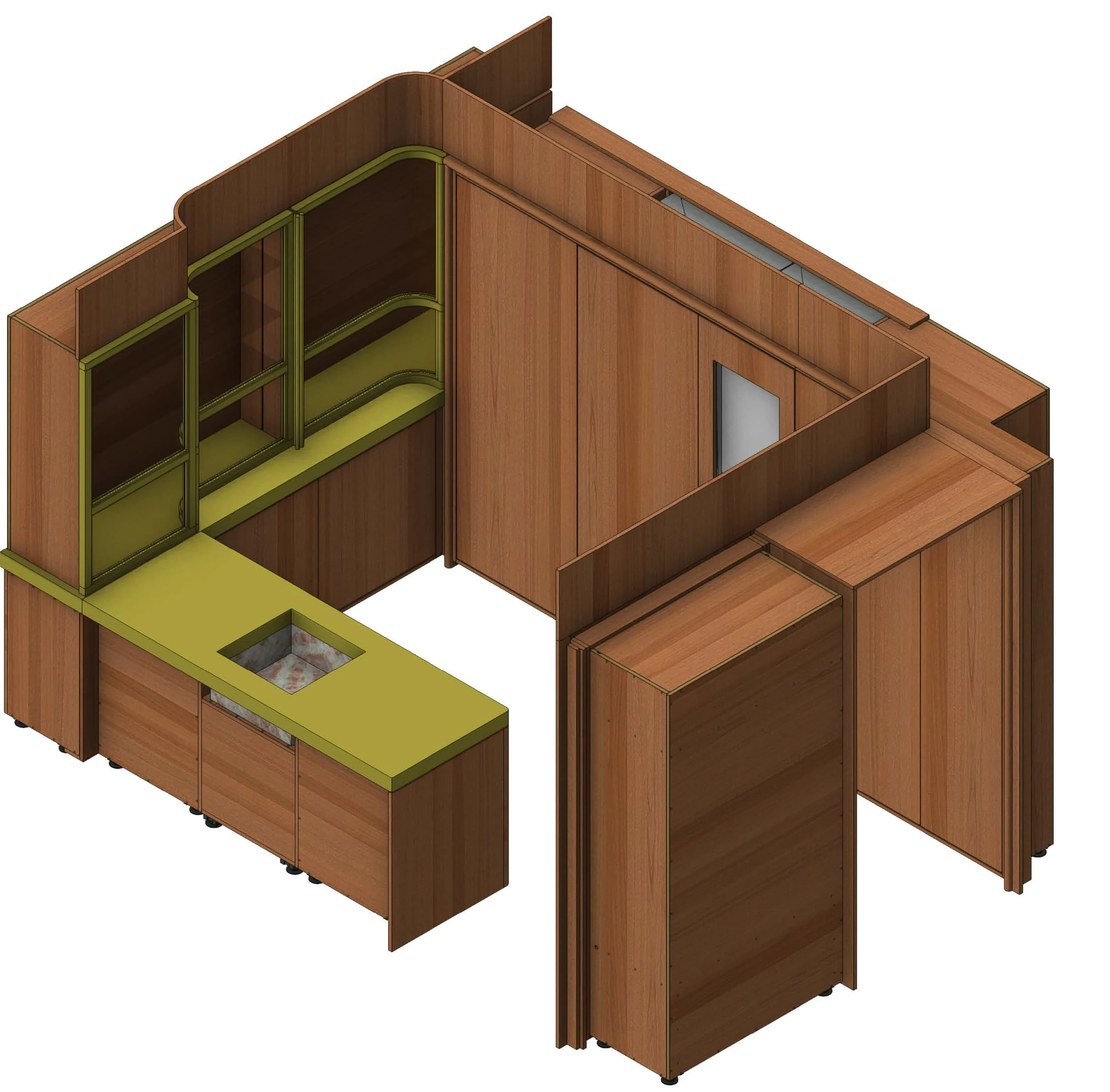 CAD isometric model of the Camberwell House utility unit, showing the timber carcass, brass-coloured worktop and sink and the glazed brass upper doors in an L-shaped layout.