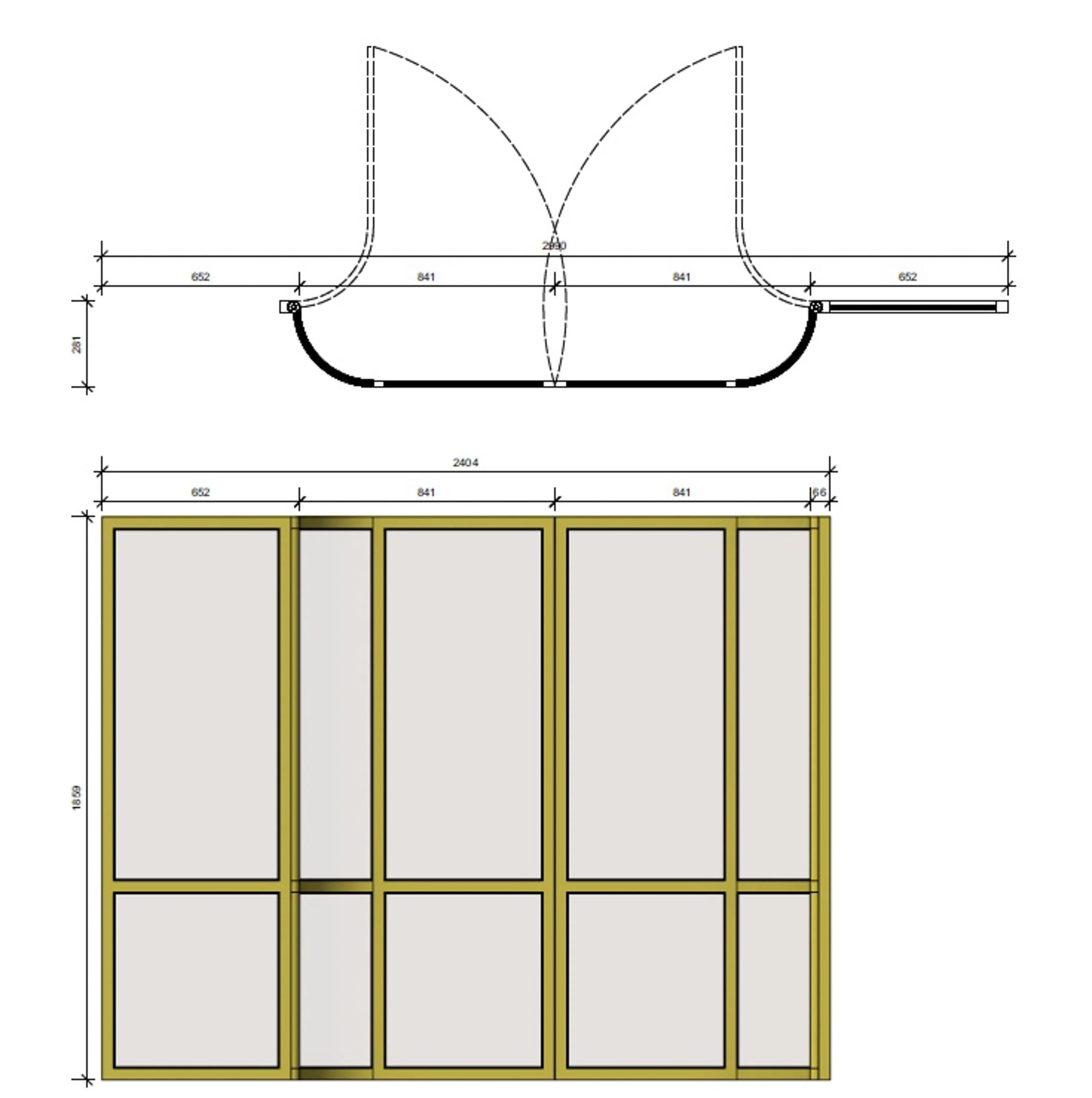 Technical drawing of the Camberwell House brass doors, with a dimensioned plan showing the curved radius and door swings above a front elevation of the glazed brass frame.