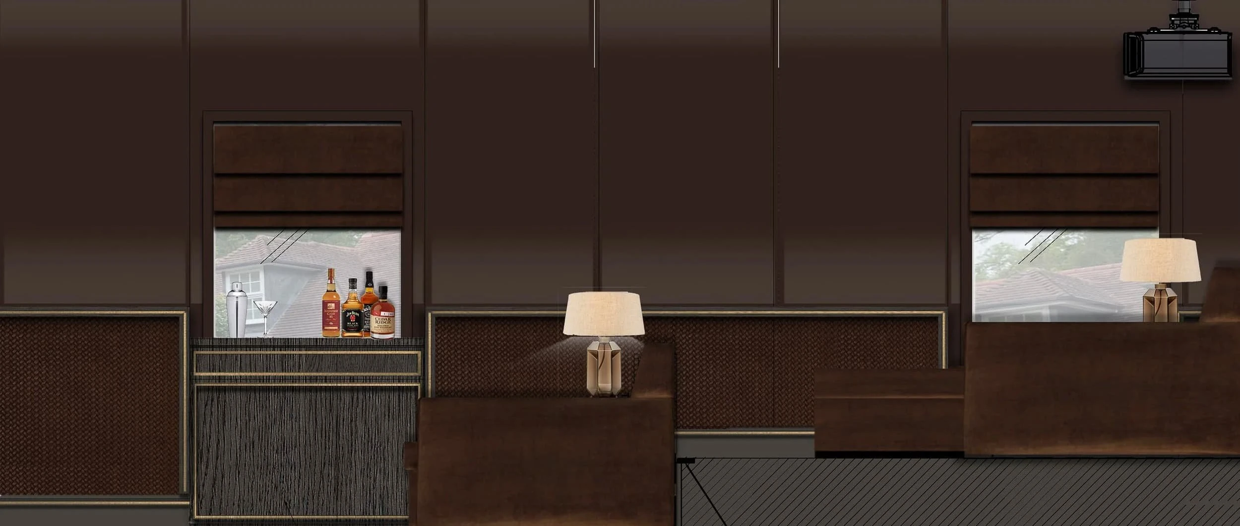 Design visualisation of the rear elevation of the Country Home Cinema, showing panelling with blinds, a low drinks unit with bottles and a ceiling-mounted projector.