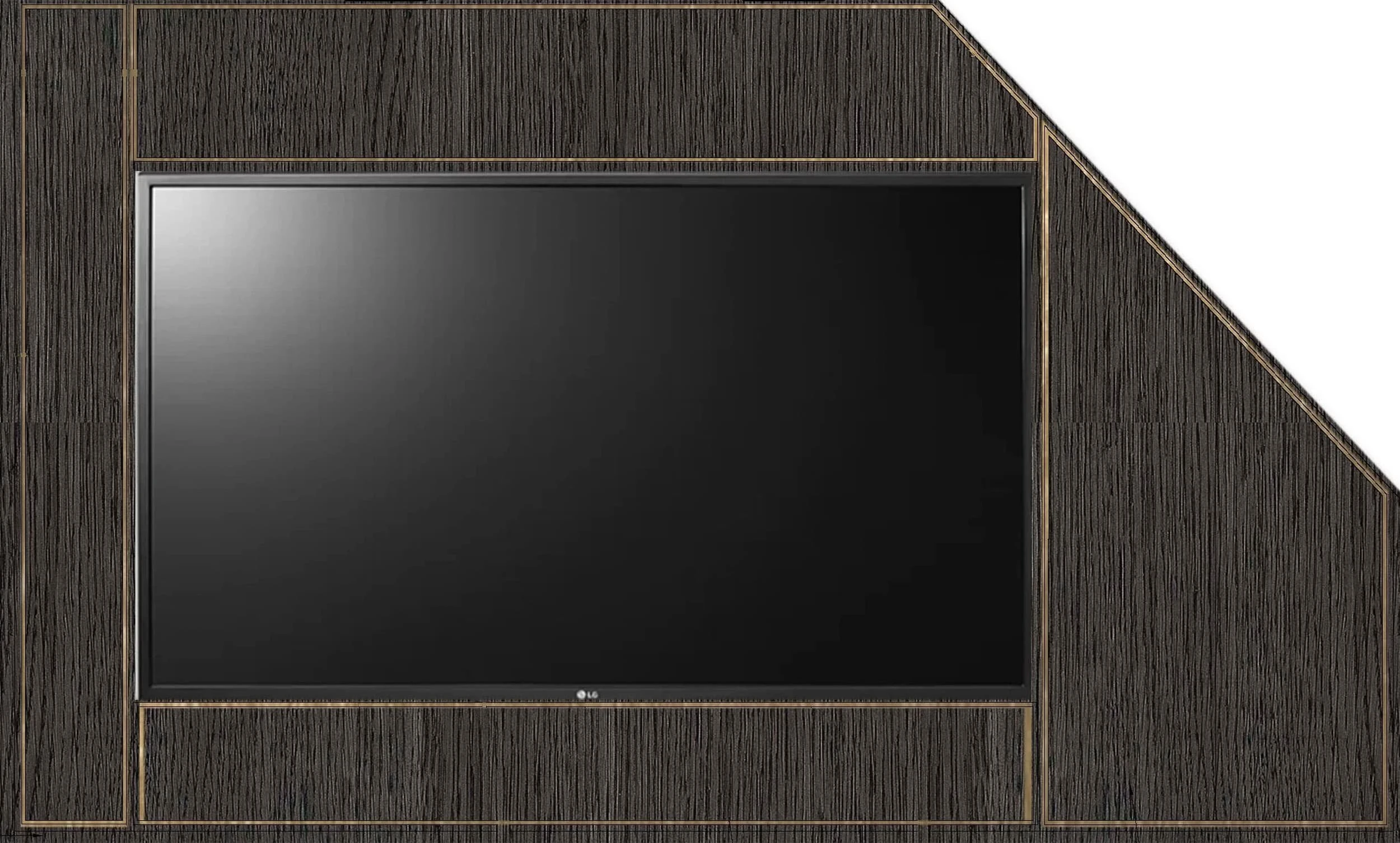 Technical design render of a grey oak panel with brass inlay lines framing a recessed flat screen, drawn against the sloping eaves of the Country Home Cinema.