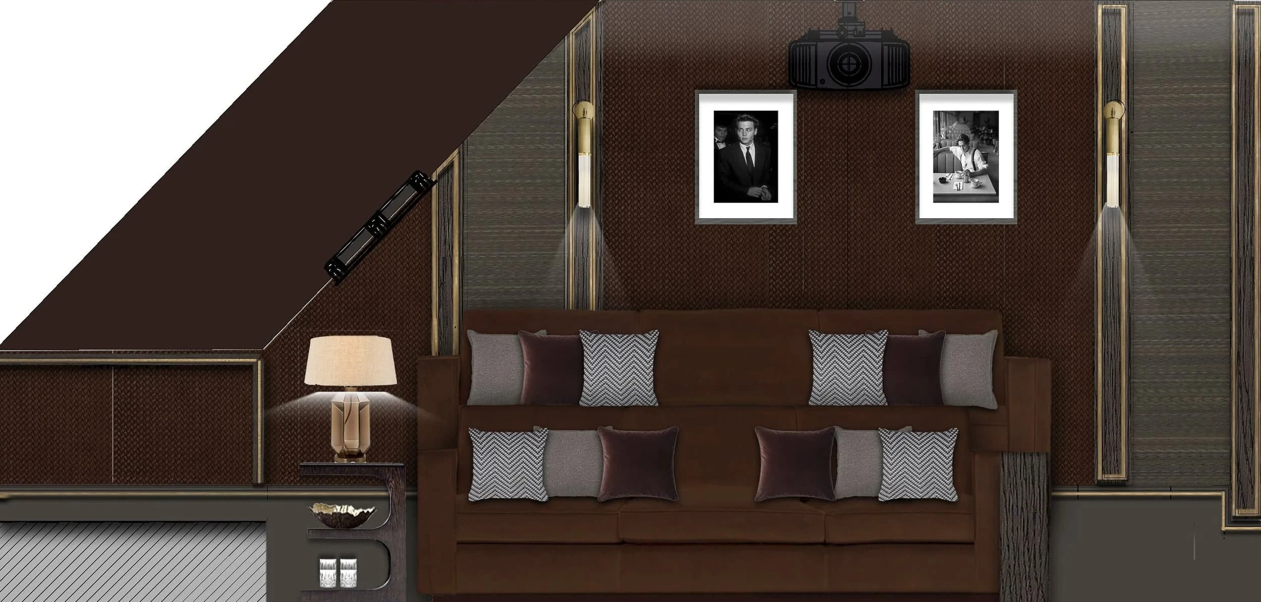 Design visualisation of the Country Home Cinema seating area, with a brown leather sofa, patterned cushions, framed portraits, wall lights and a projector under the sloped ceiling.
