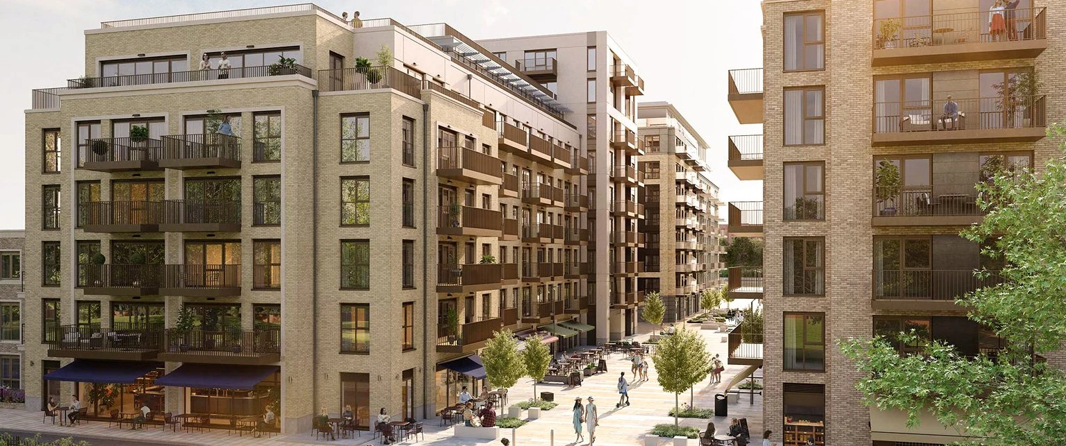 Architectural visualisation of the internal courtyard at Fulham Reach, showing brick apartment elevations, balconies, street trees and pavement cafe seating.