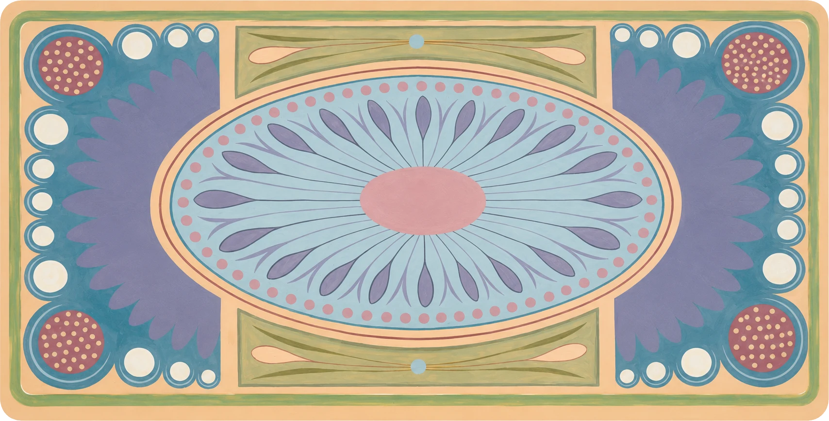 The hand-painted tabletop design for the Madison Avenue commission — a symmetric medallion of blue, violet and coral radiating petals on a cream ground, painted in oil by Lizzi Porter.
