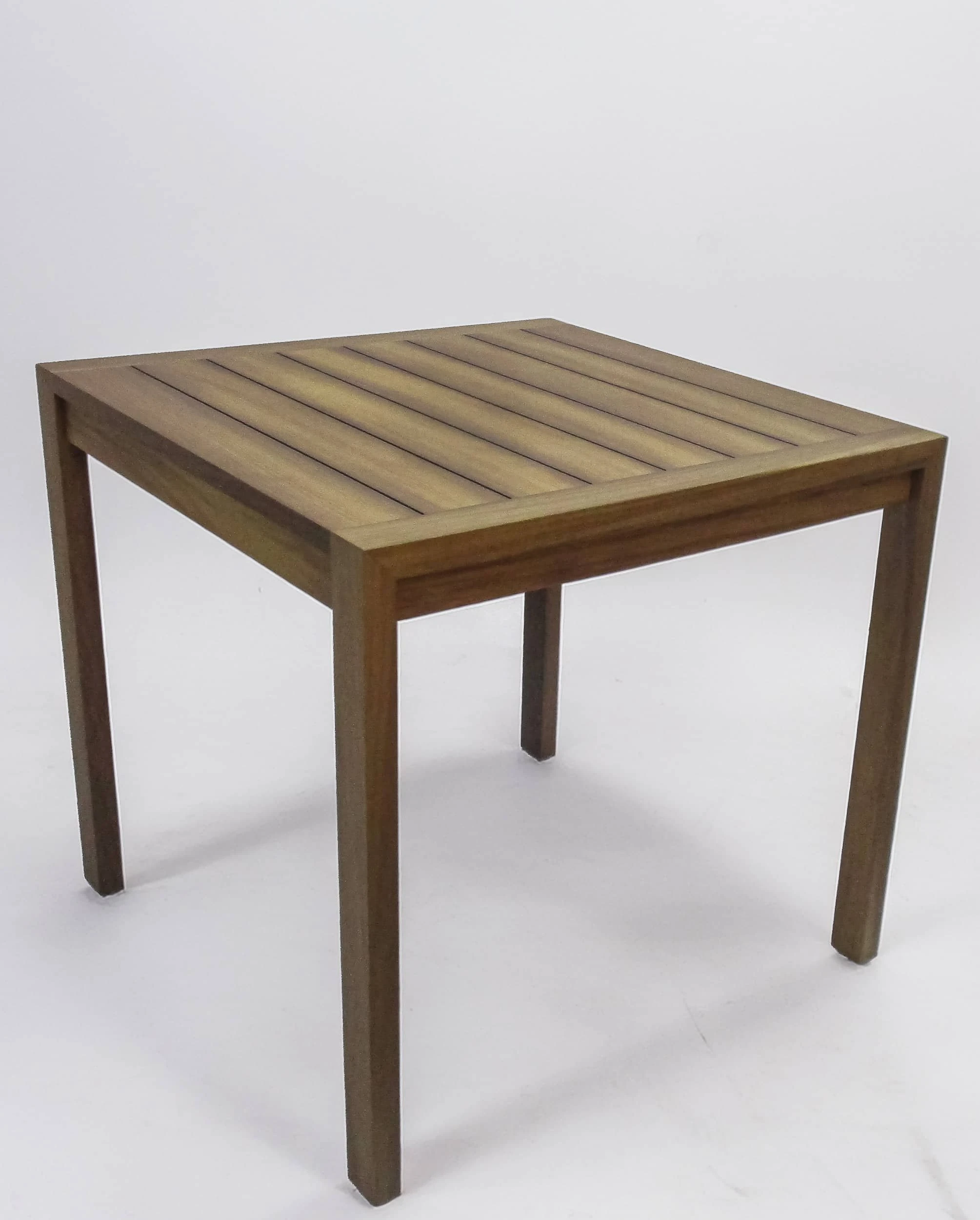 Studio photograph of a bespoke square timber outdoor table with a slatted free-draining top and slim eased-edge legs, made for The Maybourne Riviera.