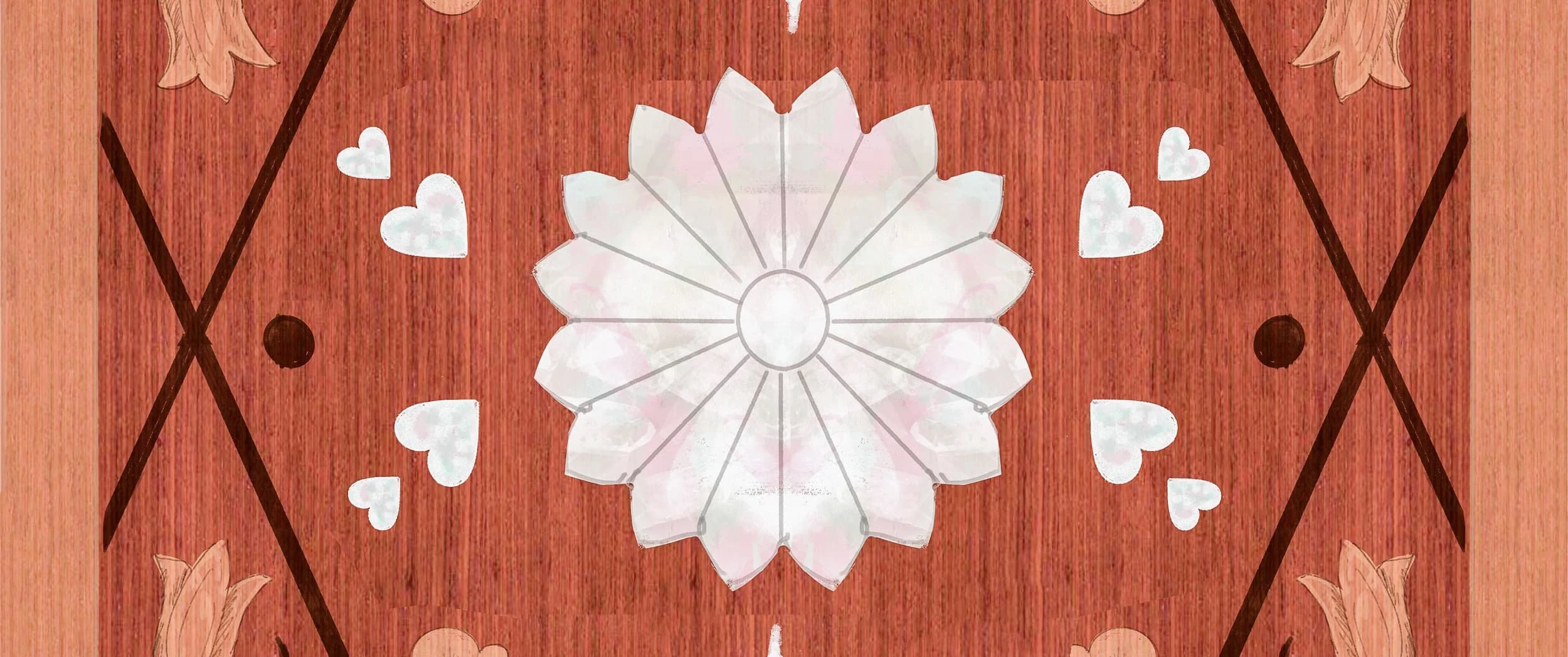 Close view of the digital pattern artwork for the Rowes Wharf Apartment panels, showing a pale shell rosette and small hearts set against a red-brown veneer ground with a diamond lattice.